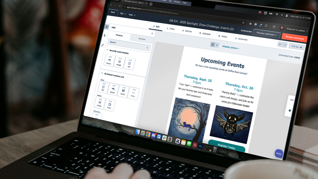Over the shoulder shot of a user editing an email campaign of events