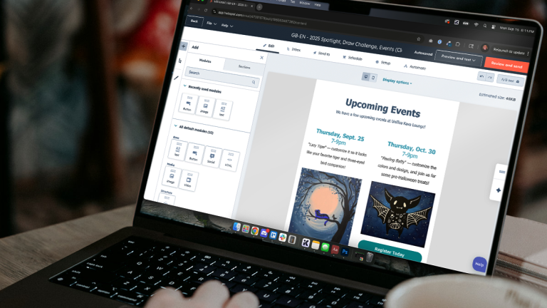 Over the shoulder shot of a user editing an email campaign of events