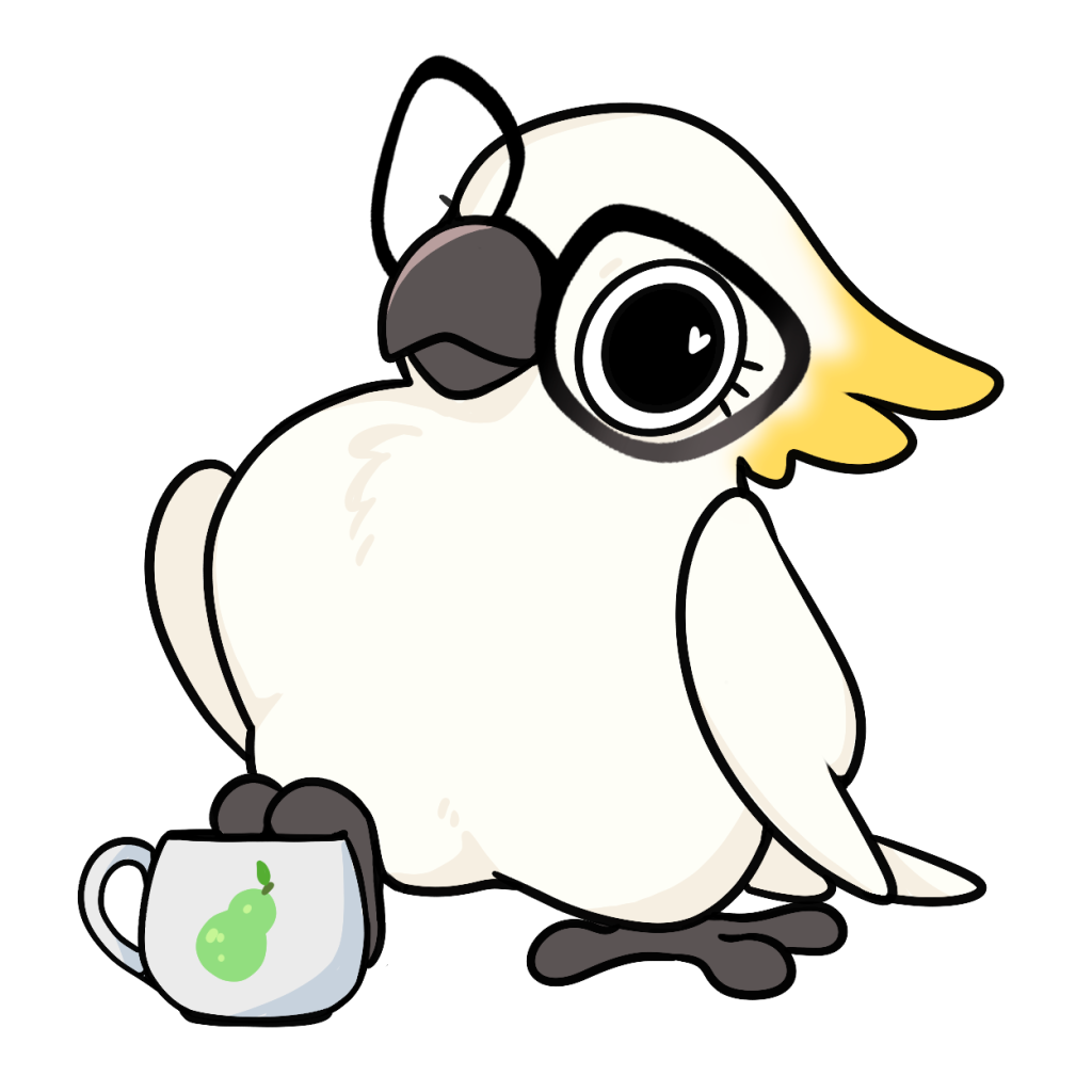 Pixel, WebDesignToo's mascot, with coffee